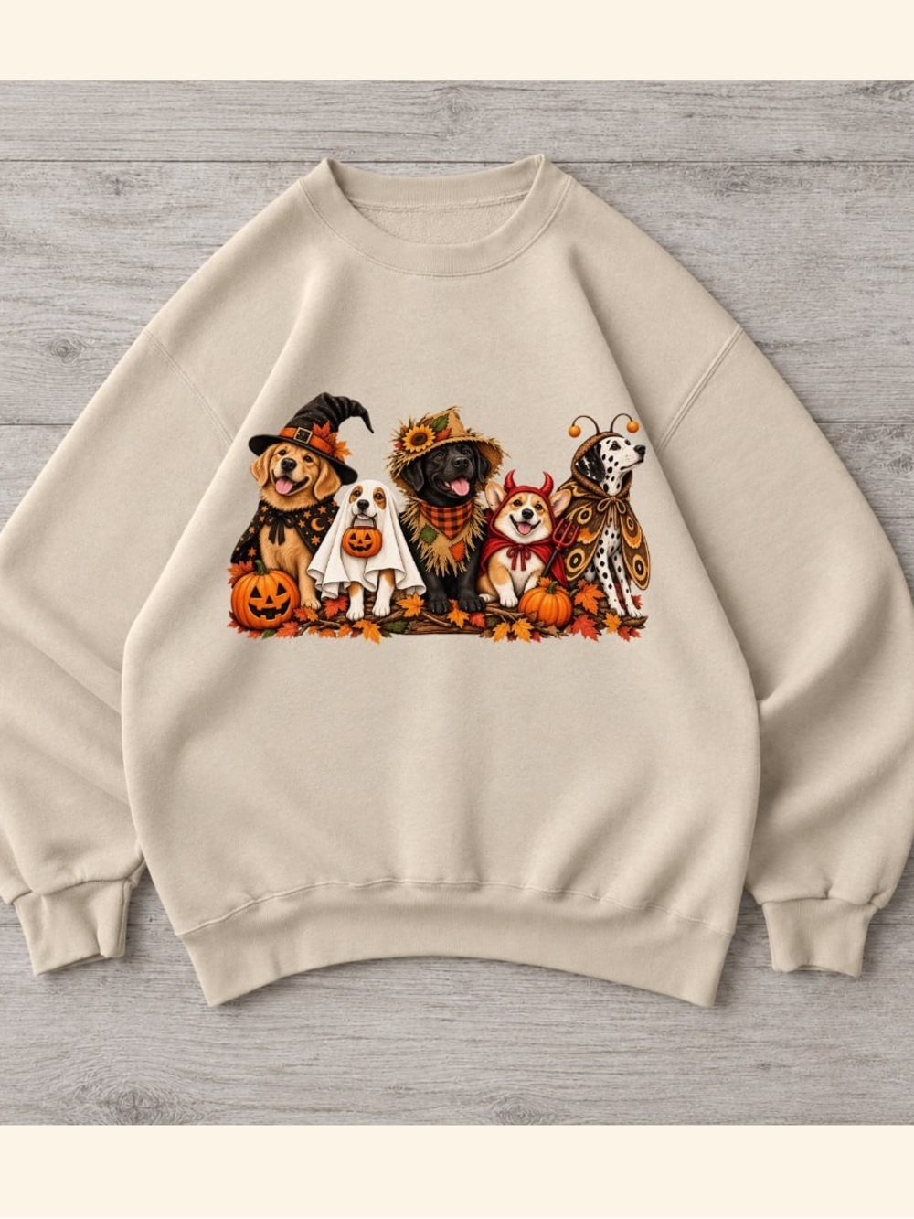 Gildan Cream Holiday Sweatshirt with Halloween Dog Costume Graphic